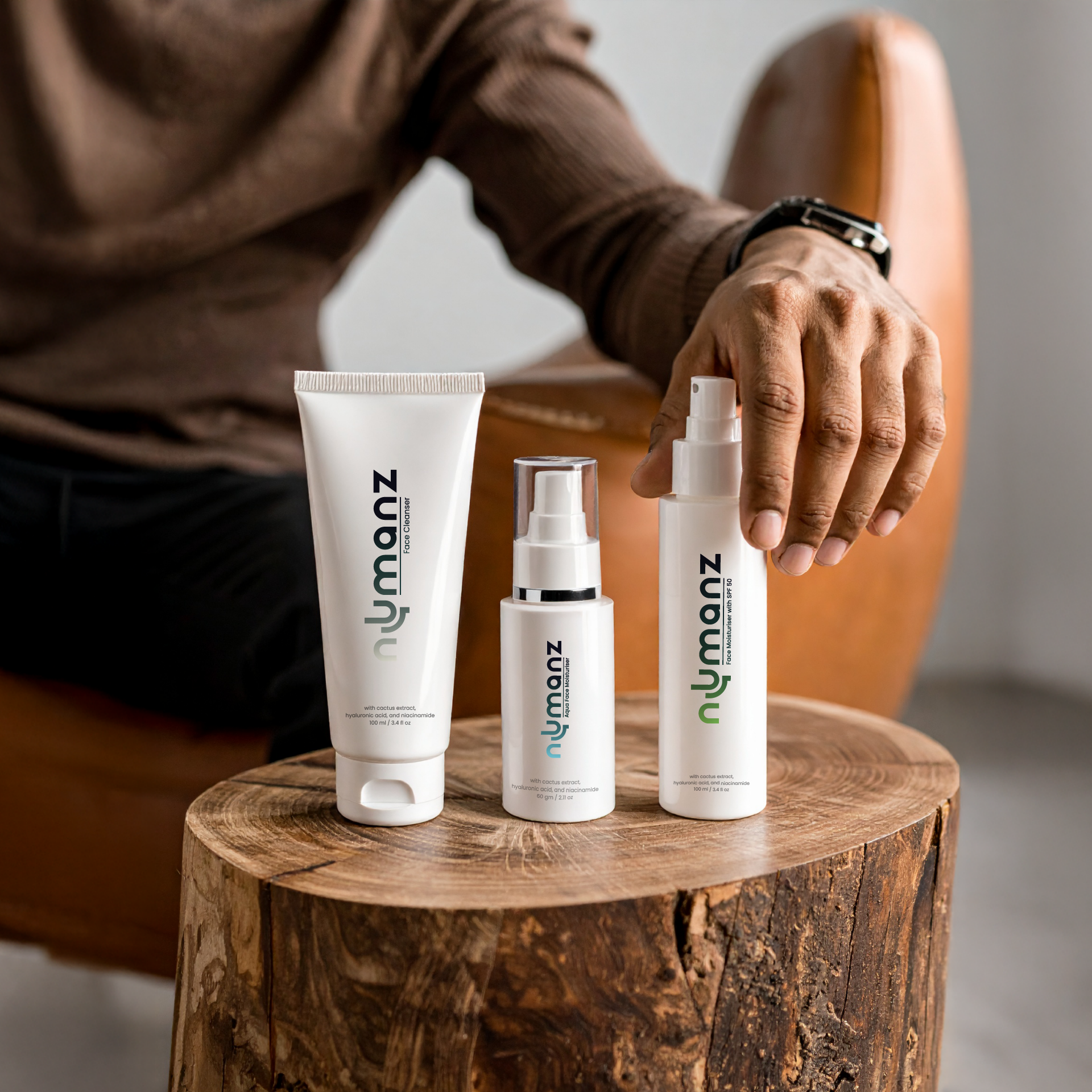 Numanz Complete Skincare Routine bundle for men, daily and nightly skincare kit with cleanser, SPF and night gel