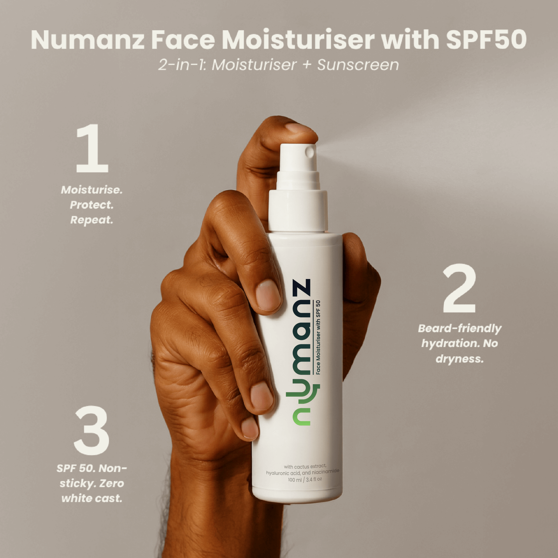Numanz Face Moisturiser SPF 50 spray showing beard-friendly hydration, SPF protection, and non-sticky feel