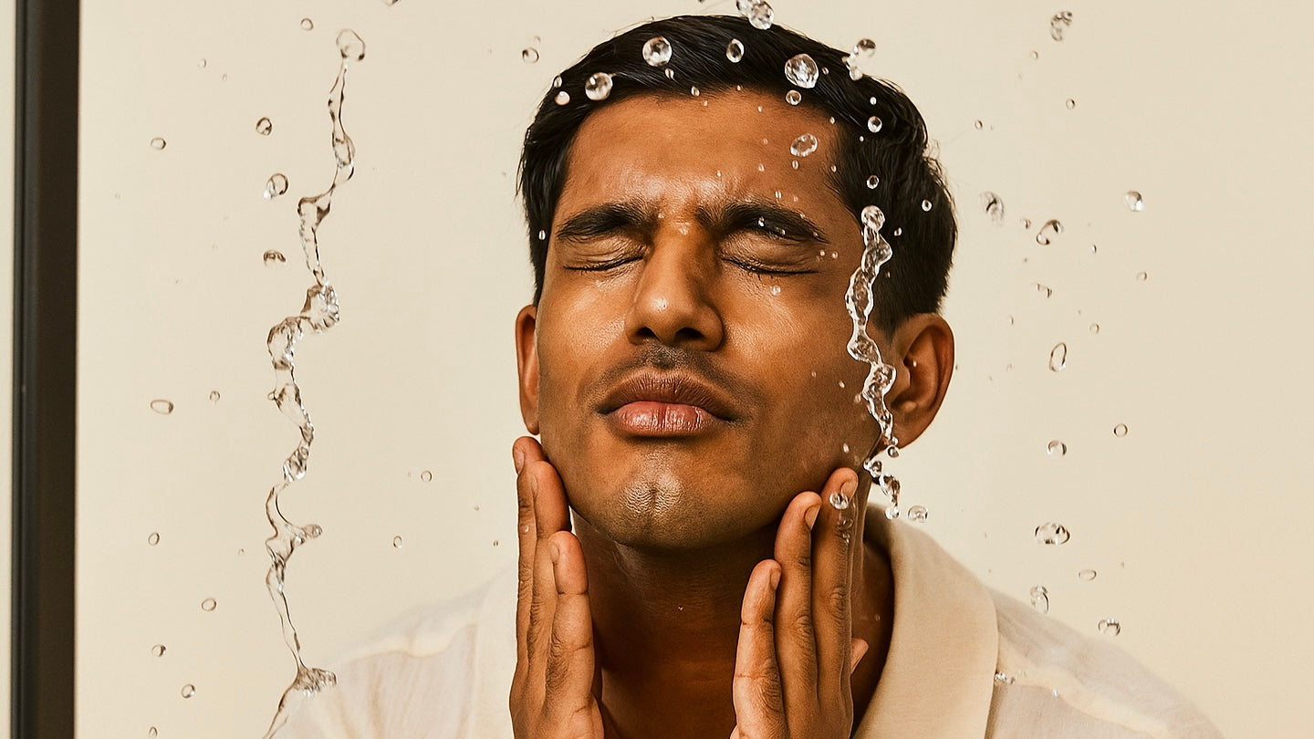 Indian man washing his face with water, showing the refreshing effect of starting a Numanz skincare routine for men.