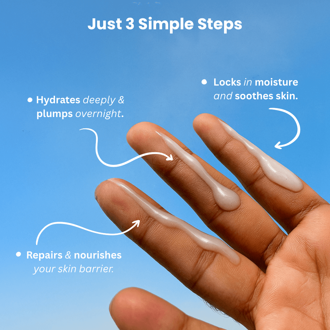 Lightweight non-sticky Numanz night gel texture shown on fingertips for hydration and skin repair