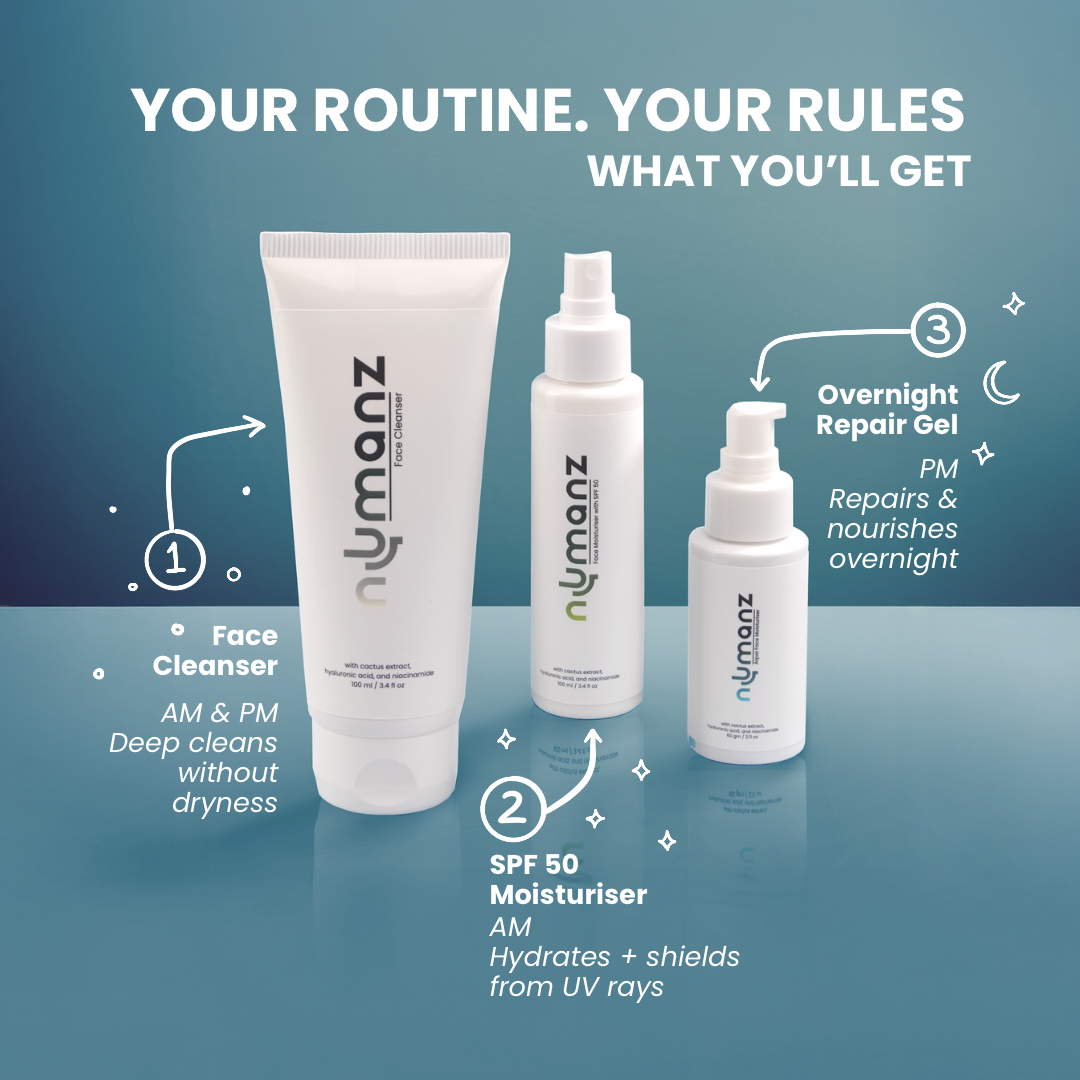 Numanz Complete Skincare Routine for men with Face Cleanser, SPF 50 Moisturiser, and Night Gel Moisturiser