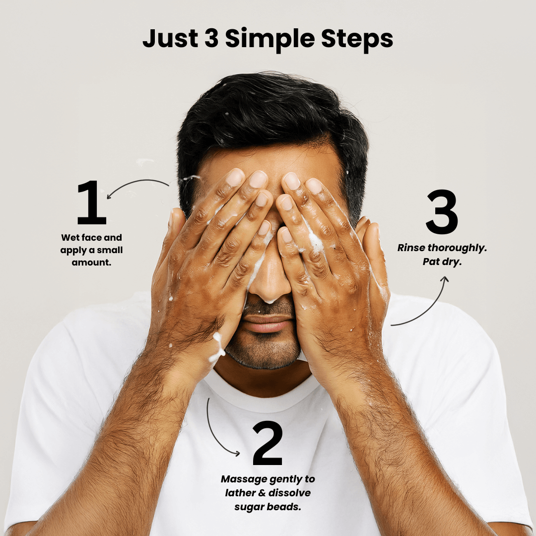 Man washing face with Numanz Face Cleanser in three simple steps