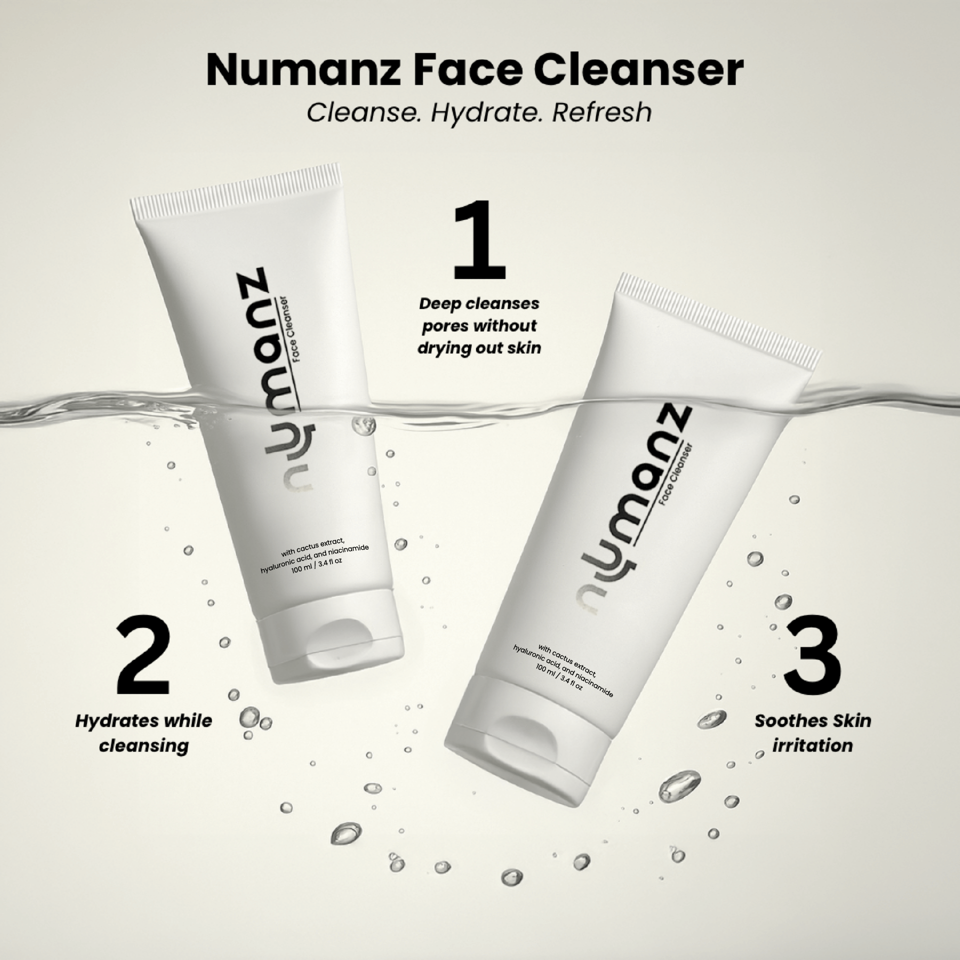 Numanz Face Cleanser deep cleans pores, hydrates skin, and soothes irritation without dryness