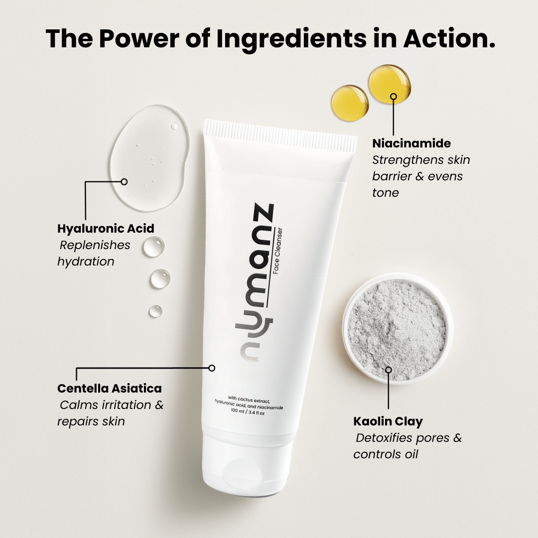 Numanz Face Cleanser with hyaluronic acid, niacinamide, centella asiatica, and kaolin clay