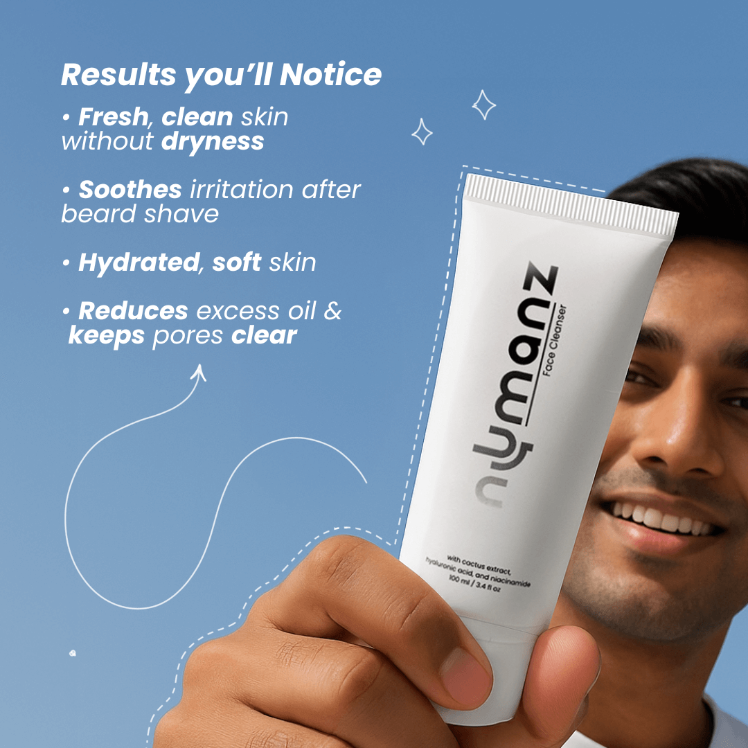 Man holding Numanz Face Cleanser for fresh, clean, hydrated skin without oiliness