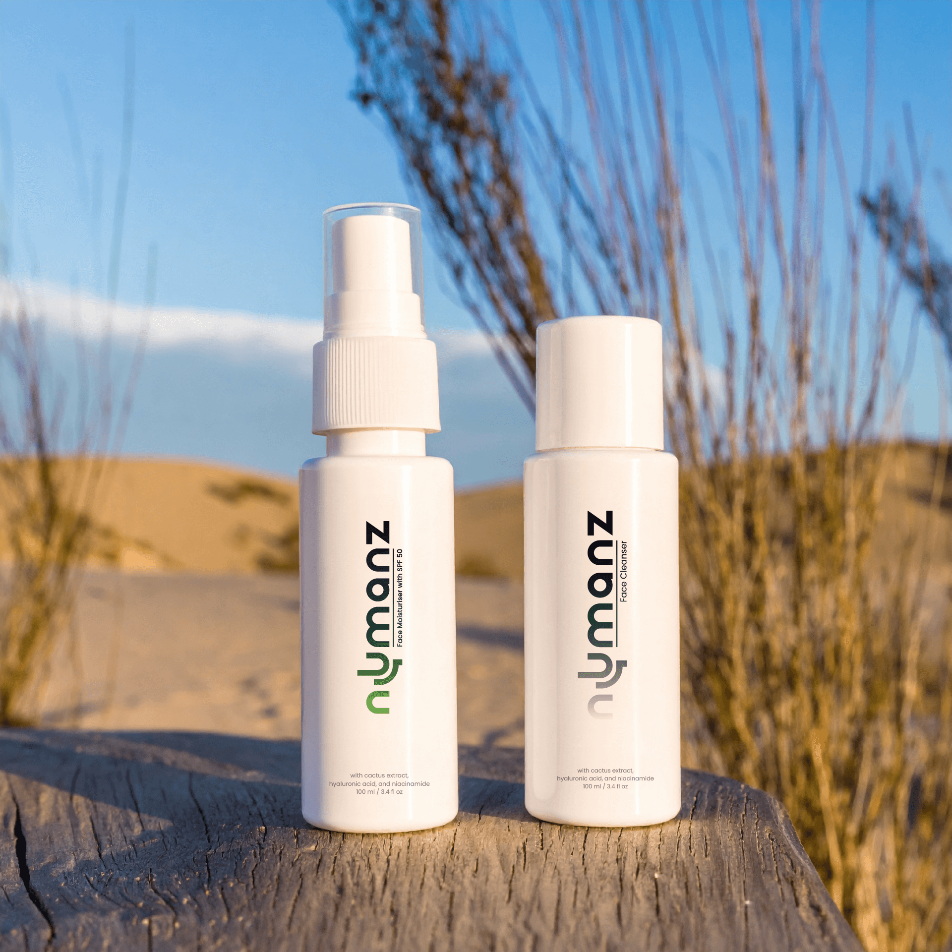 Numanz Face Cleanser and SPF 50 Moisturiser Samples placed outdoors in natural desert setting
