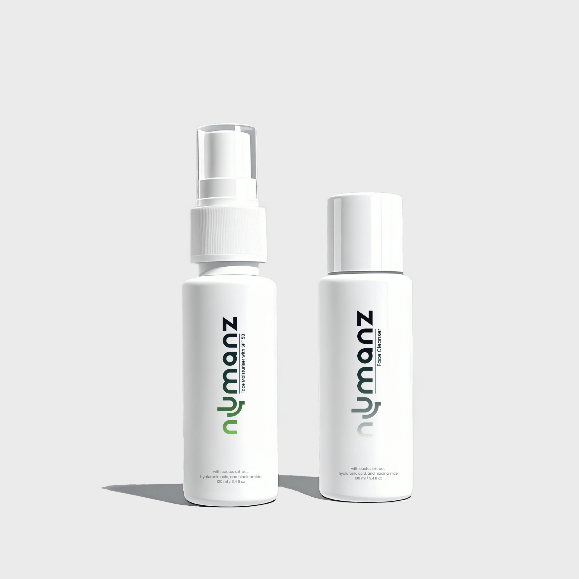 Numanz Face Cleanser and SPF 50 Moisturiser Samples on clean minimal background
