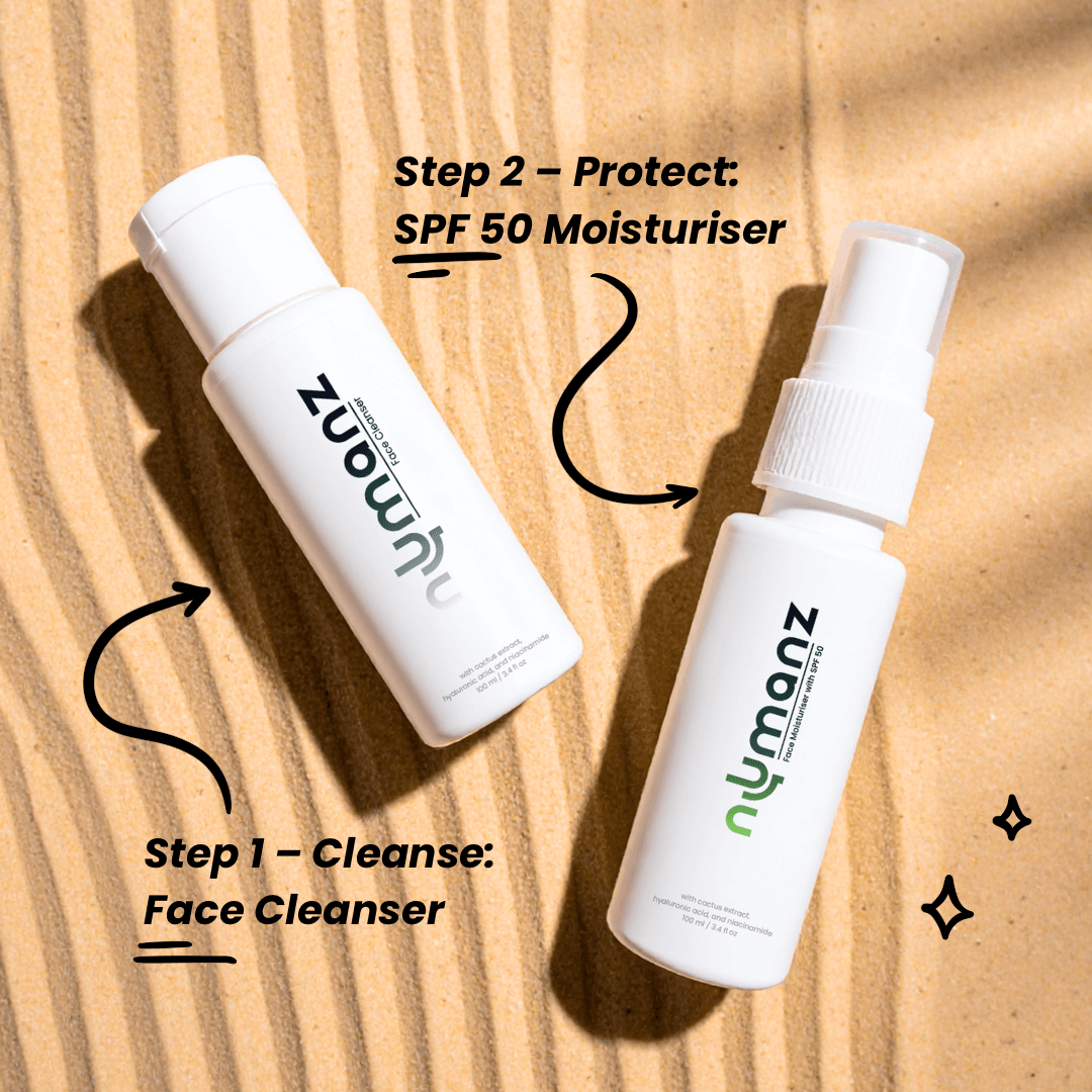 Numanz Face Cleanser and SPF 50 Moisturiser Samples showing skincare routine steps on sand
