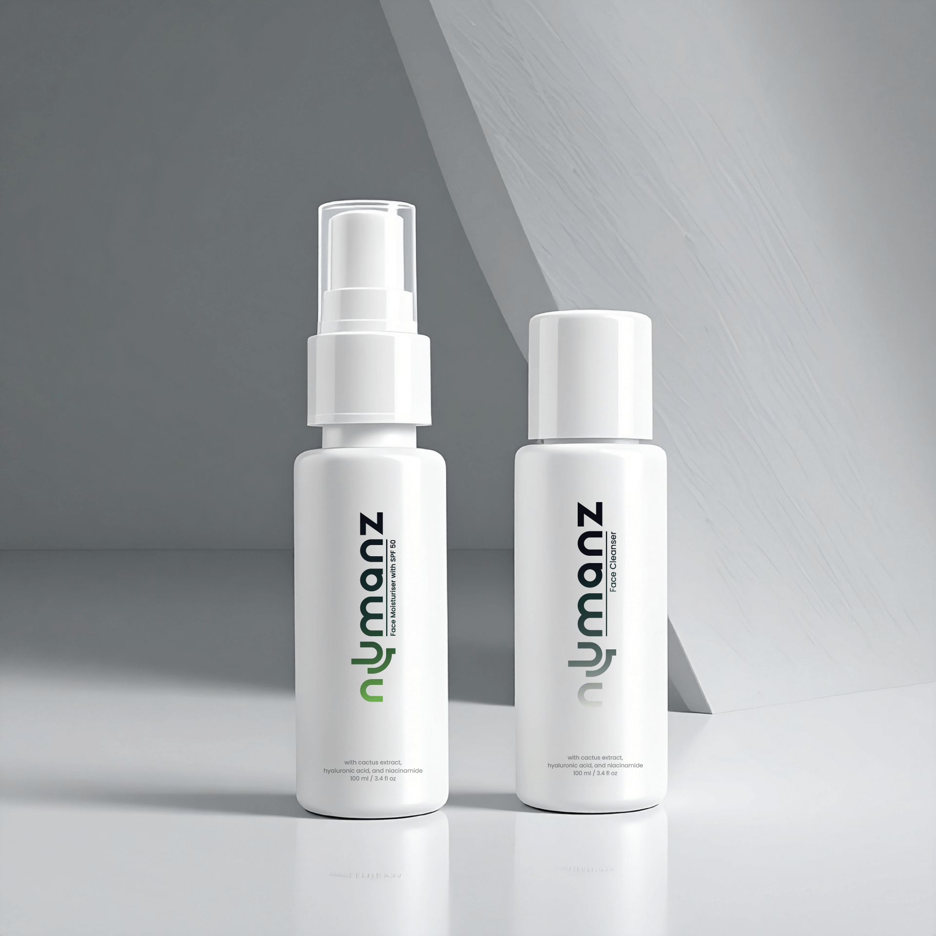 Numanz Face Cleanser and SPF 50 Moisturiser Samples with premium studio lighting