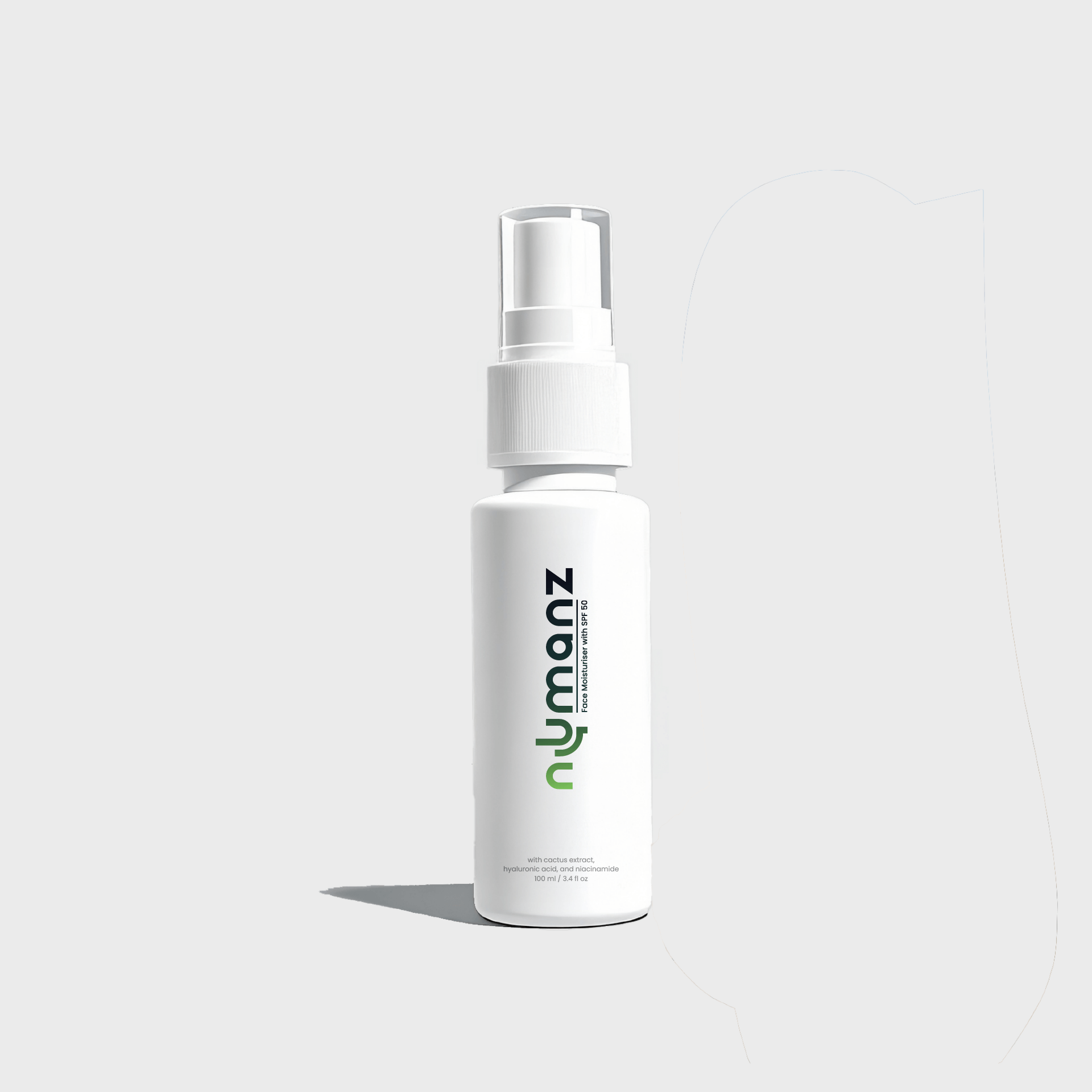 Numanz Face Moisturiser SPF 50 Sample spray bottle on clean white background