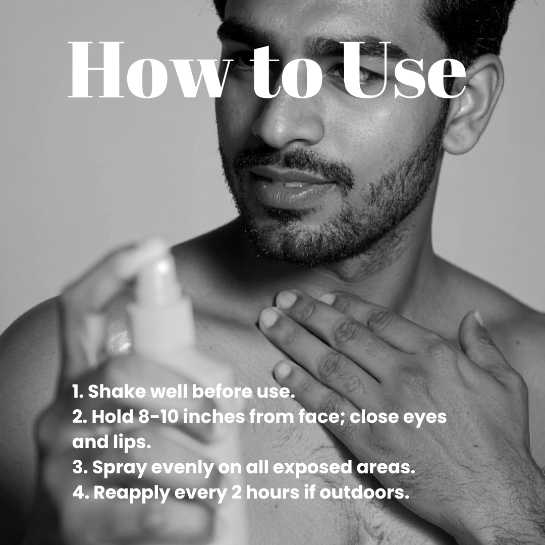 Man spraying SPF mist with step-by-step usage instructions for Numanz sunscreen moisturiser