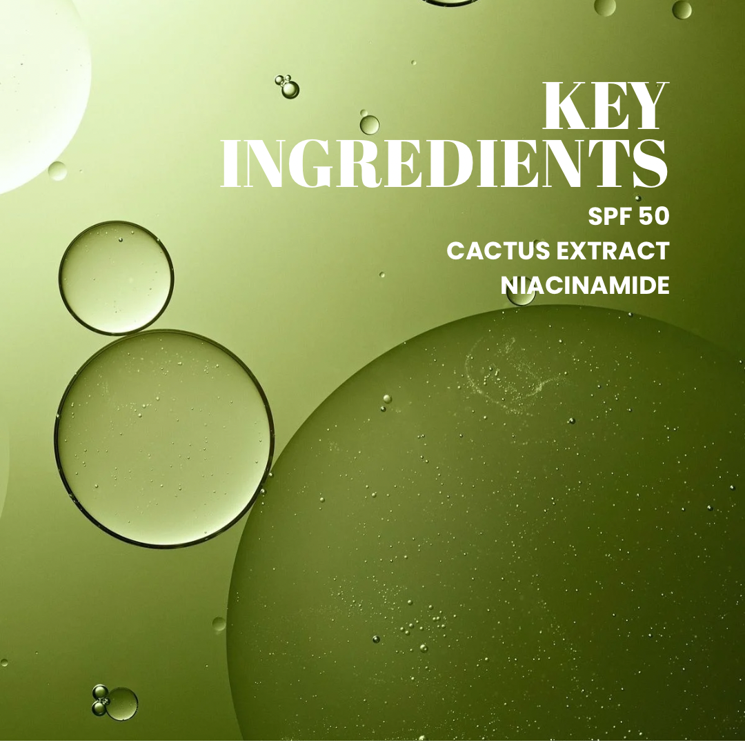 Key ingredients for Numanz Face Moisturiser with SPF 50: cactus extract, niacinamide, and SPF 50 for hydration and sun protection.
