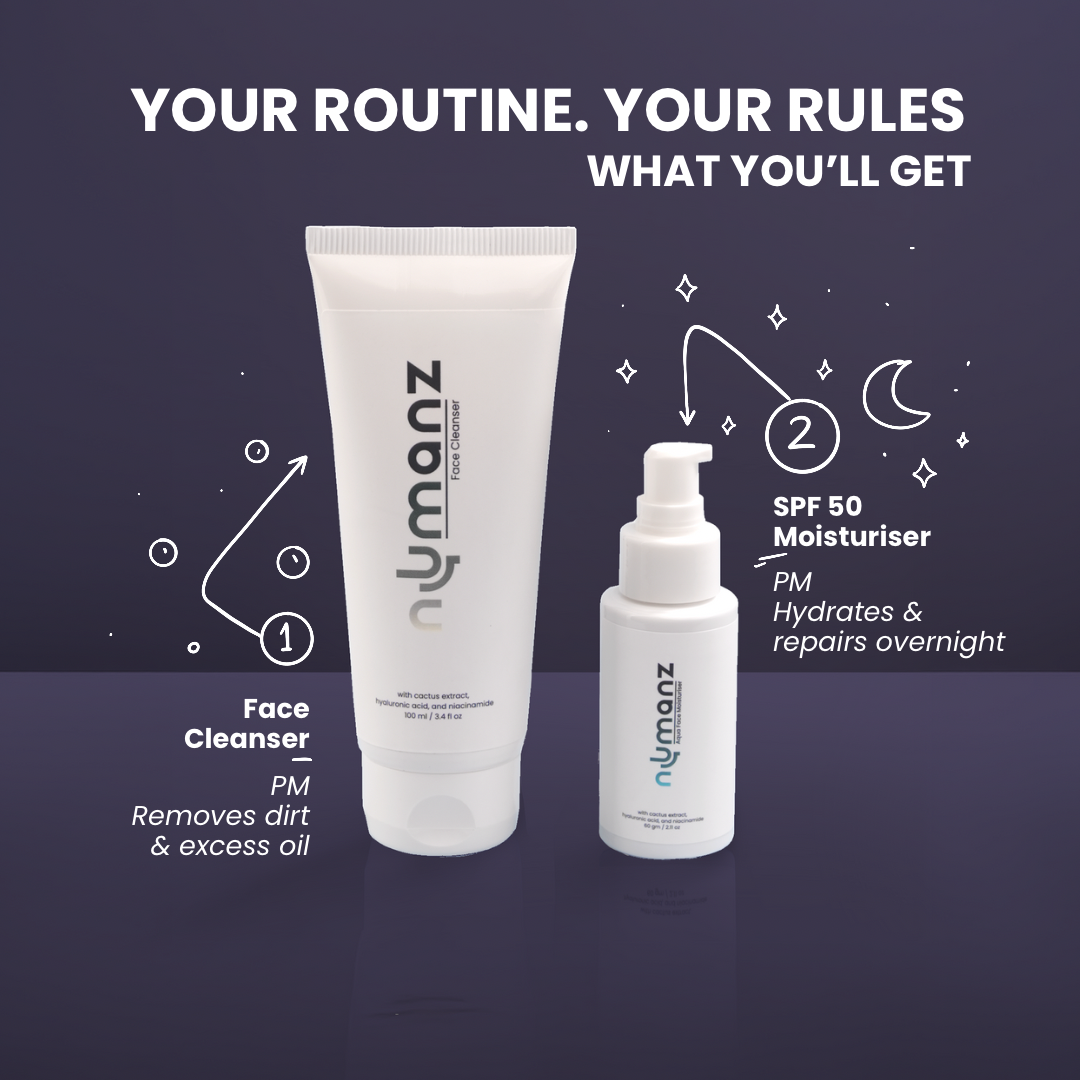 Numanz Night Routine bundle for men, Face Cleanser and Night Gel Moisturiser, PM care for repair and hydration