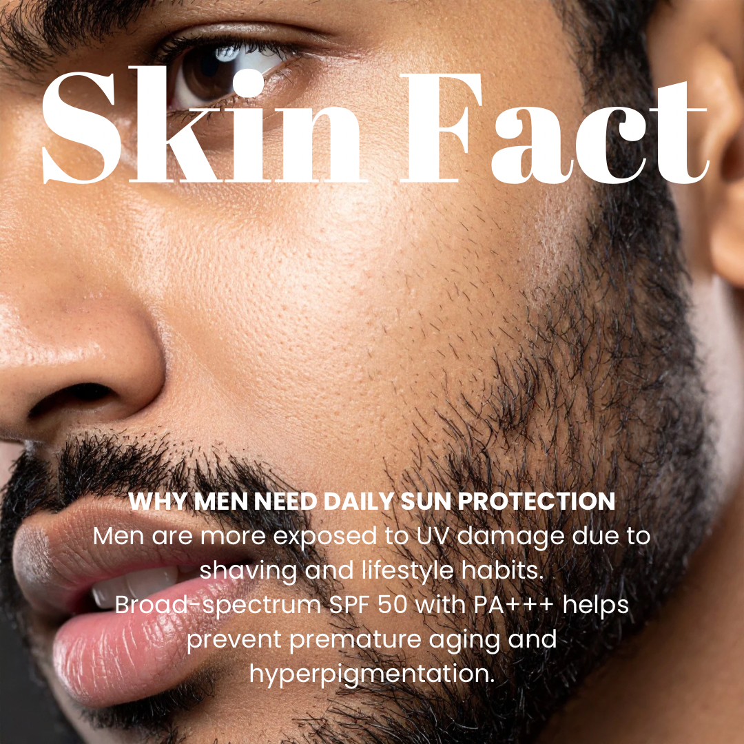 Close-up of man’s skin with fact about why men need daily SPF protection