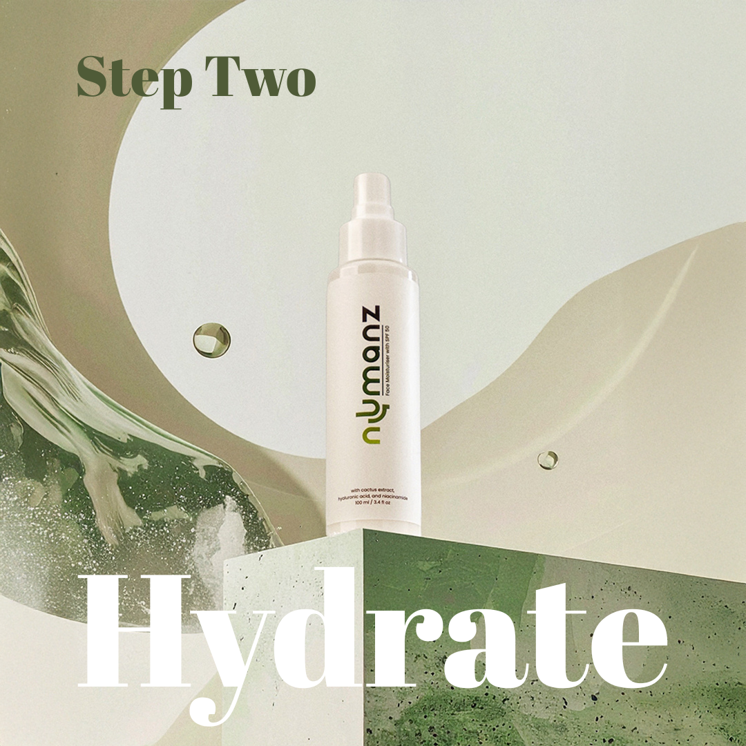 Numanz SPF 50 face moisturiser spray with cactus extract and hyaluronic acid, providing hydration and sun protection for men.